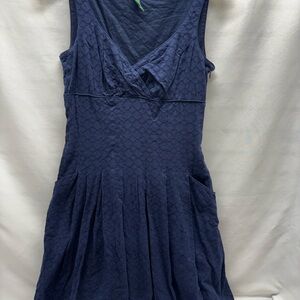 Ralph Lauren Navy Blue V-neck Eyelet Flare Sleeveless Dress W Pockets Size 10